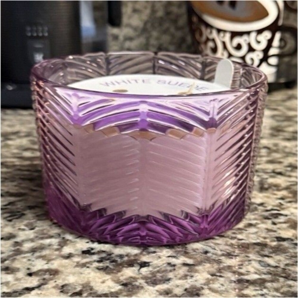 Walgreens Festive Voice White Suede Scented 16 oz 3-Wick Jar Candle Purple
